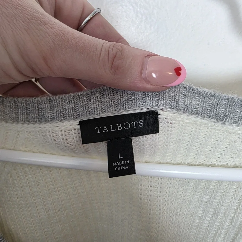 Talbots Cream Colorblock Preppy Classic Soft Business Casual V-Neck Sweater Sz L